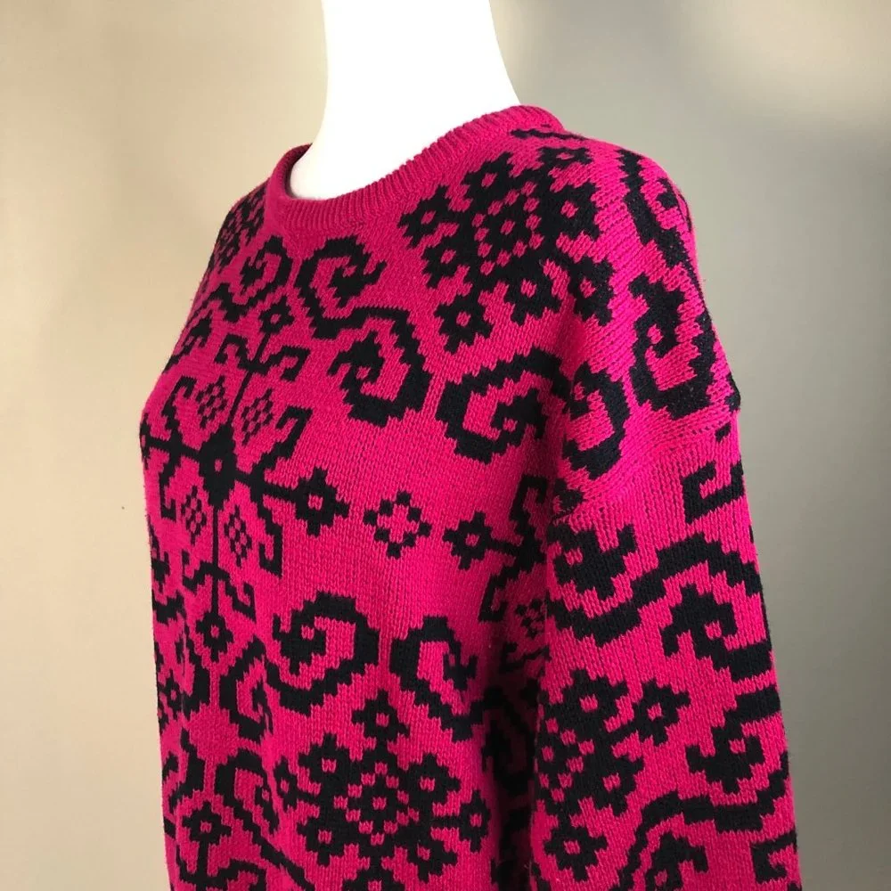 VTG Genesis 80s 90s Fushia Pink - Black Pullover Oversized Acrylic Knit Sweater - Picture 2 of 7